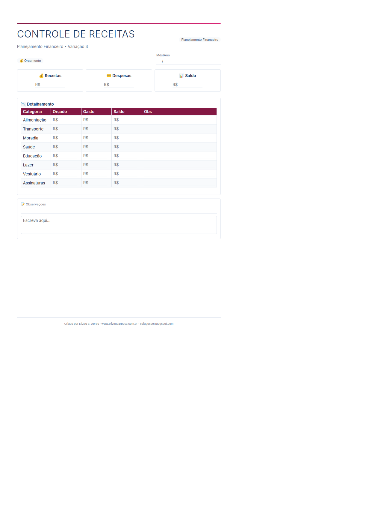 Planejamento Financeiro Controle De Receitas V3 Corporate Feminino Rose